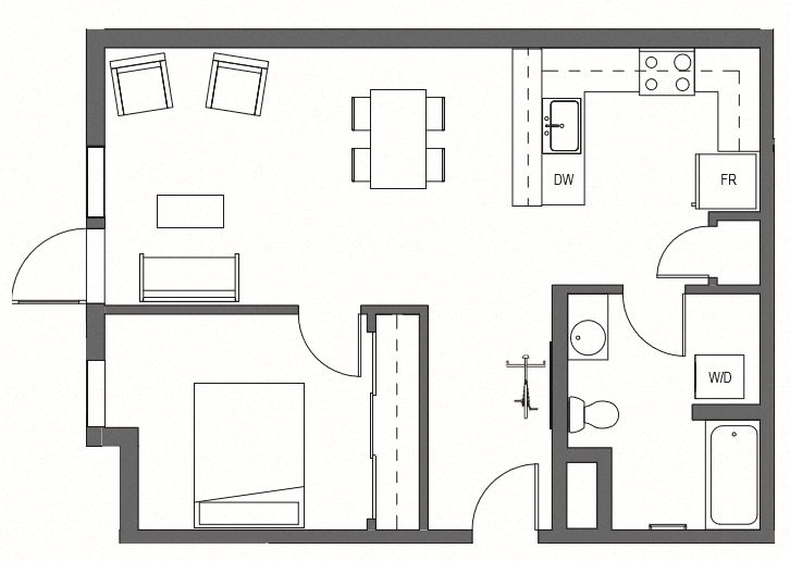 Floor plan for 1 bed, 1 bath, 685 sqft